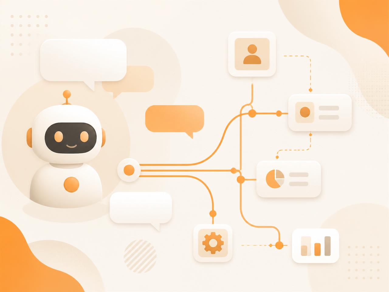Ilustración de automatización con IA: asistente conversacional conectado a flujos de trabajo y CRM
